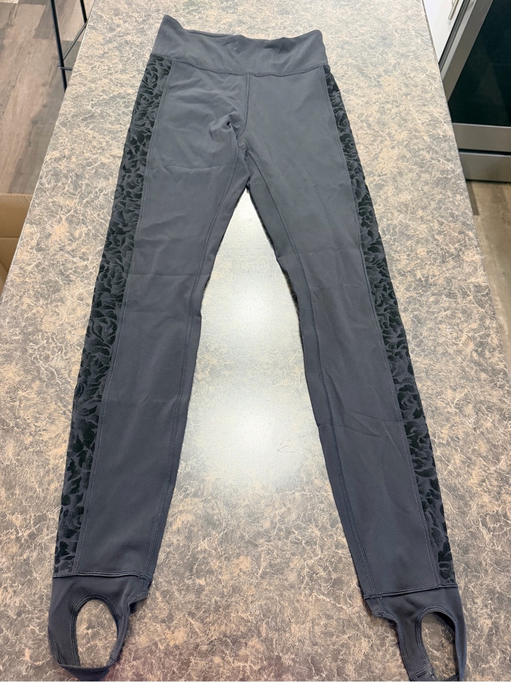 Lululemon Black Stirrup Leggings with Floral Velvet Side Panels